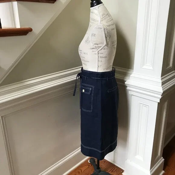 NWT JCrew Button Up Skirt Womens 8 T Tall Navy Blue Straight Stretch Linen NEW - Picture 10 of 15